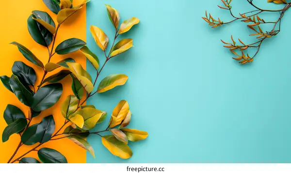 Green and Yellow Leaves on a Blue and Yellow Background