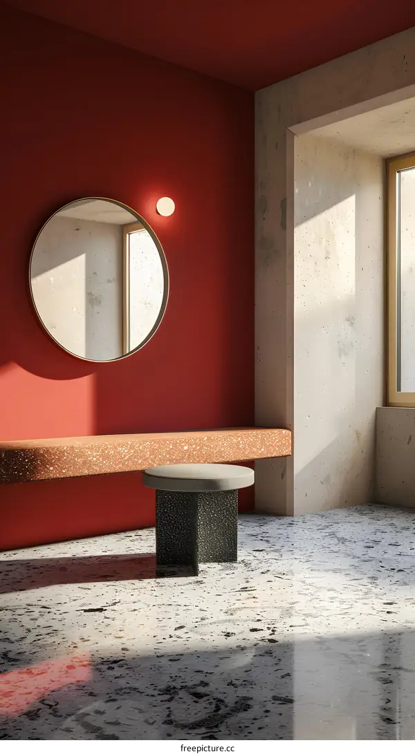 Minimalist Interior Design with Red Wall and Round Mirror