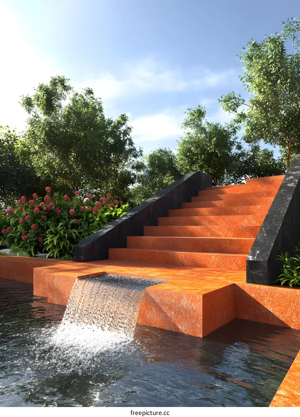 Modern Minimalist Waterfall Garden Design with Rust Colored Stone Steps