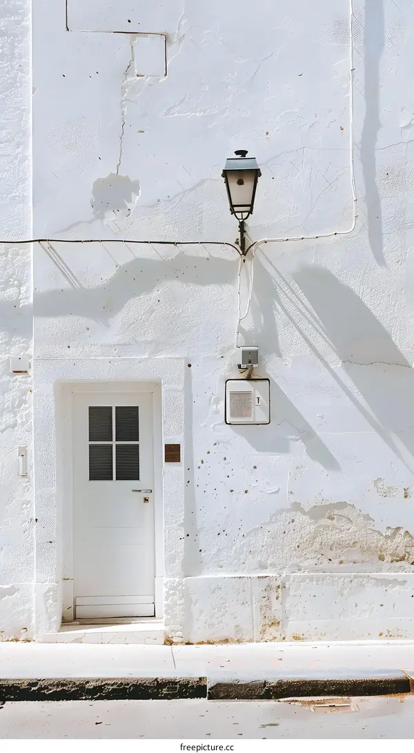 White Wall with a Door and a Lamp