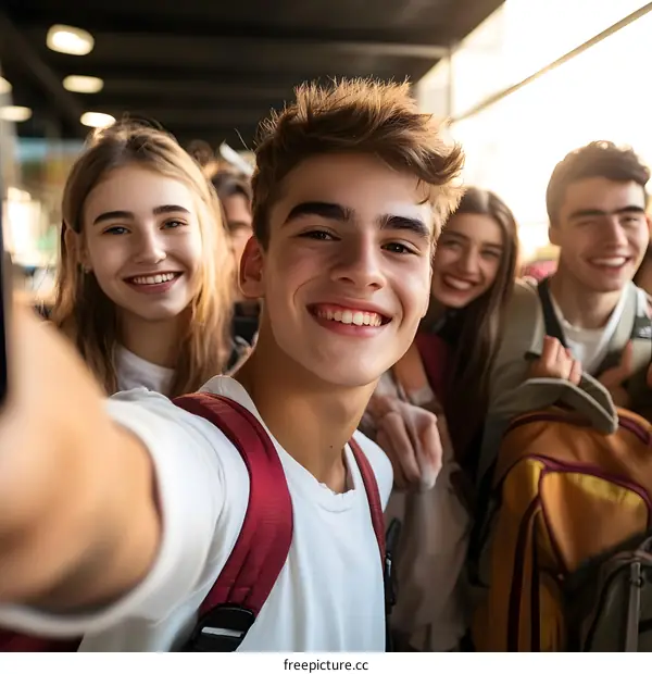 Group of Happy Teenagers Taking Selfie Outdoors