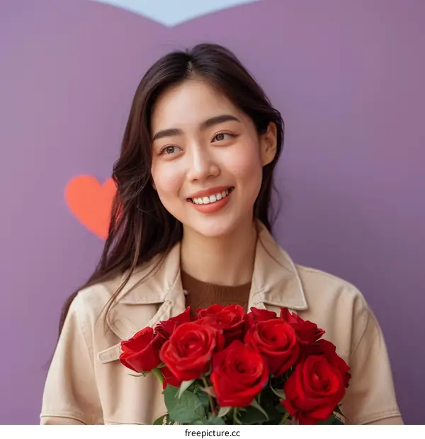 Asian woman holding a bouquet of red roses