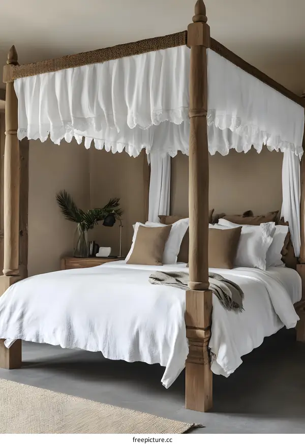 Rustic Canopy Bed With White Bedding