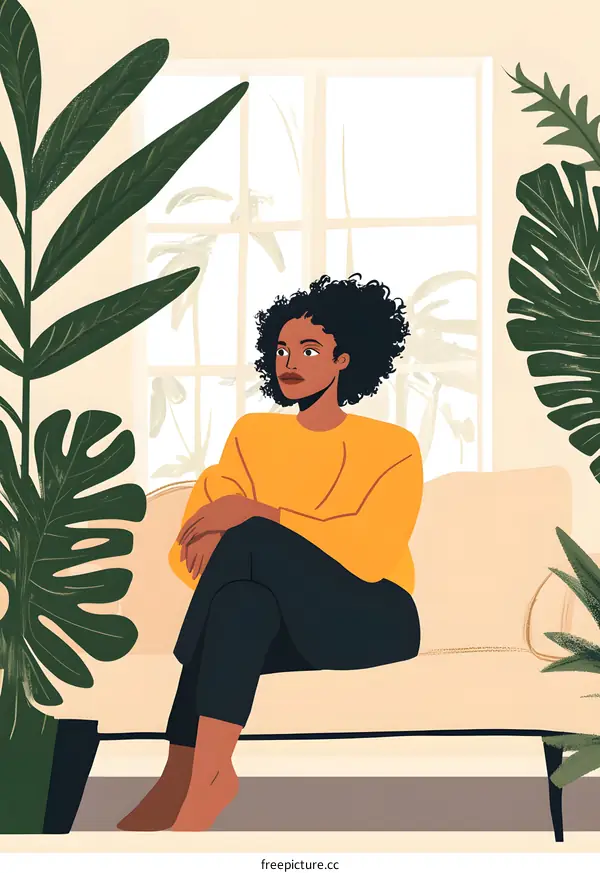 Woman Sitting on a Sofa by the Window in a Room with Plants