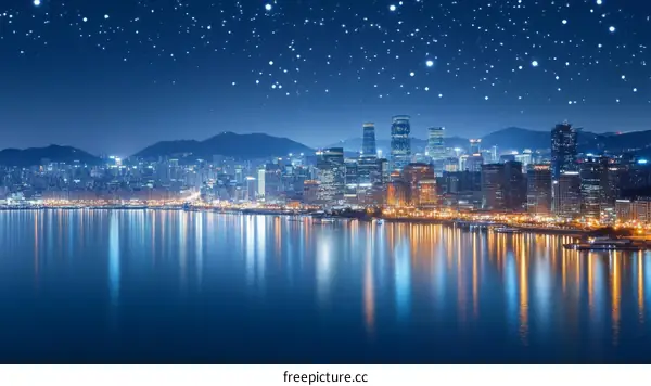 Night City Skyline with Starry Sky Reflection