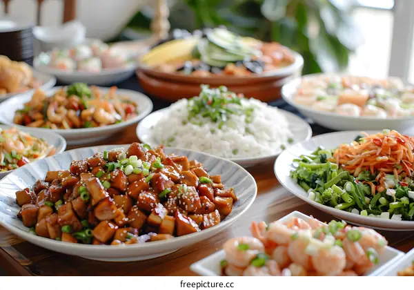 Asian Food Buffet with Various Dishes