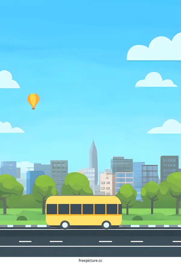 Yellow Bus Driving Through City With Hot Air Balloon