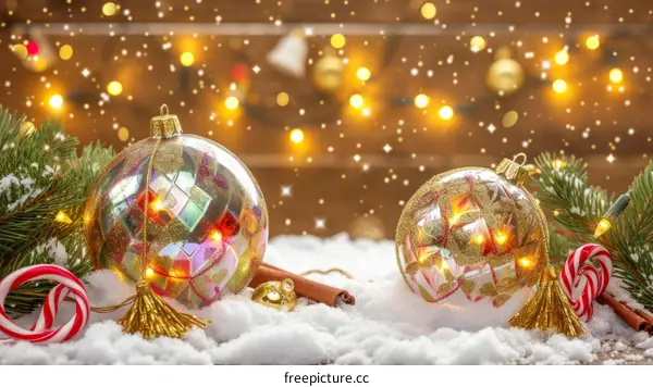 Christmas ornaments with fir branches and candy canes on snow