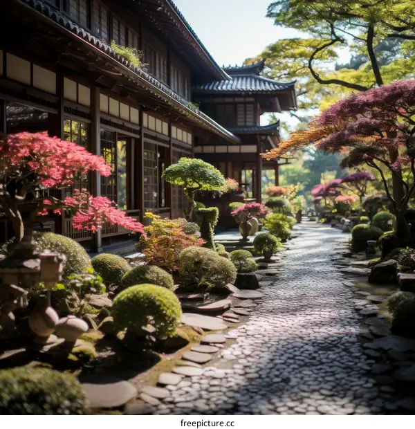 landscaping of a traditional courtyard with a stone path, trees, and shrubs
