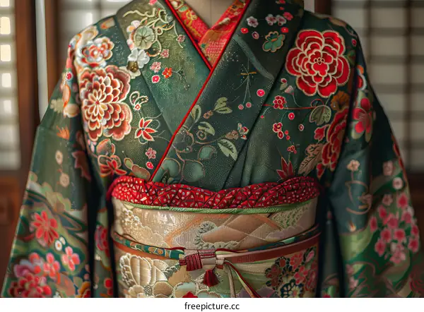 Japanese Geisha in an Exquisite Embroidered Green Kimono