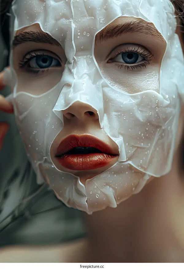 Close-up portrait of a young woman with a white facial mask on her face