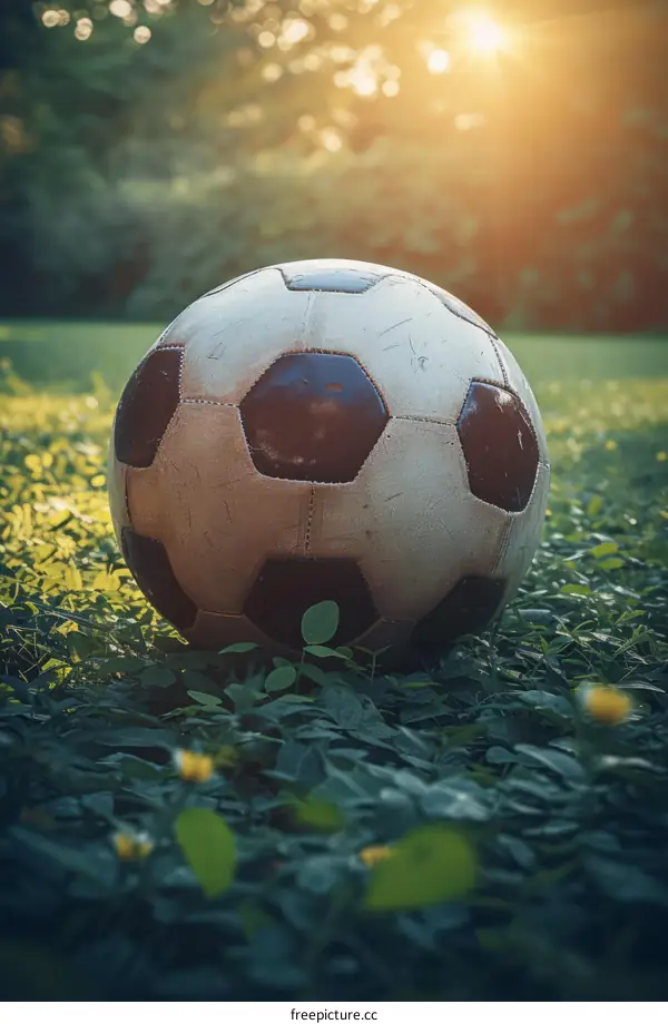 vintage soccer ball on the grass field with sunlight in the background
