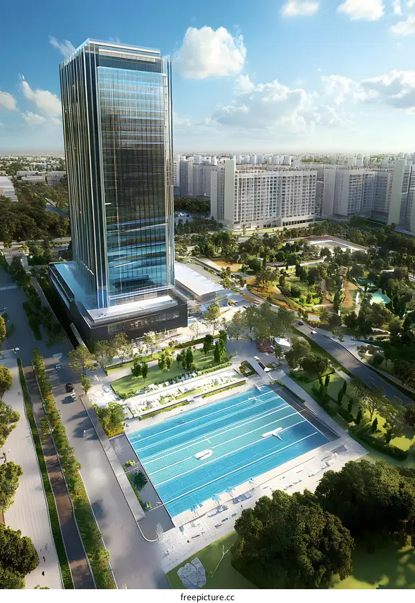 Aerial View Of A Modern Building With Swimming Pool