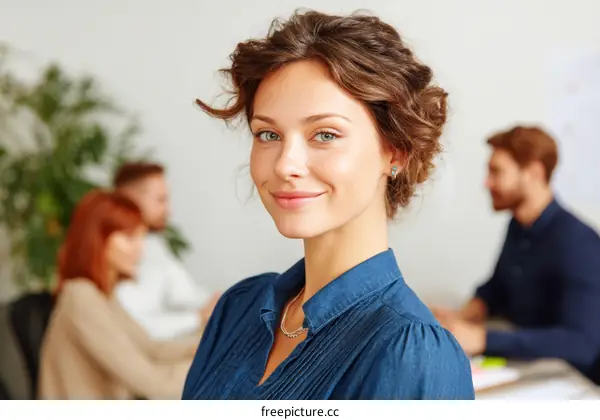 Young professional woman in casual blue shirt at office