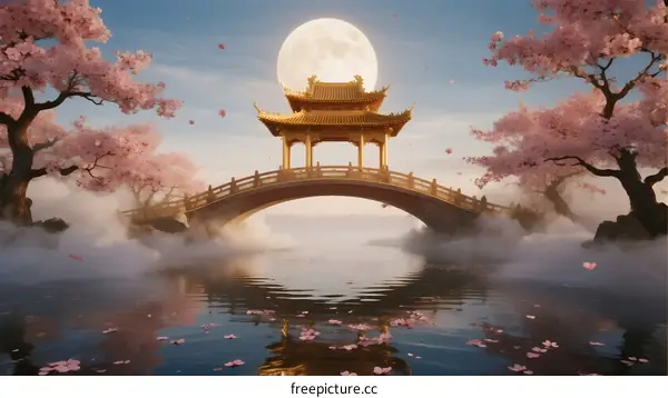 A beautiful golden pavilion with a full moon over a cherry blossom bridge
