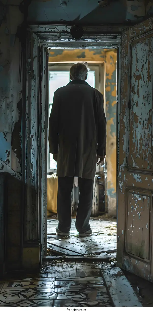 man in suit looking out window