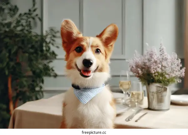 Adorable Dog Wearing a Bowtie at a Table Setting