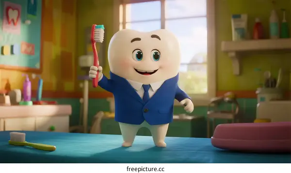 A cheerful tooth character holding a toothbrush in a dental setting