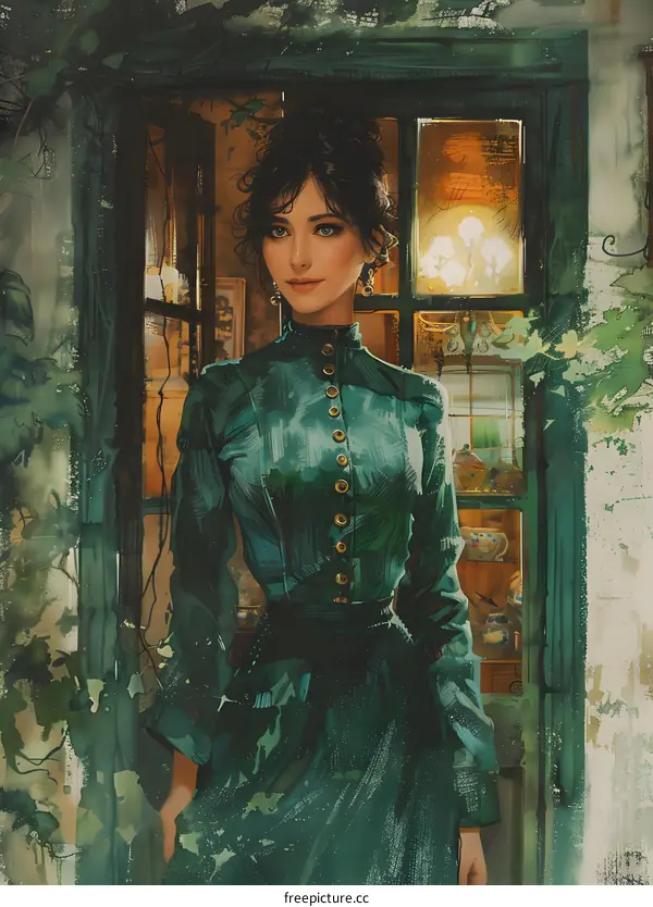An elegant lady in a green dress is standing in front of a door.