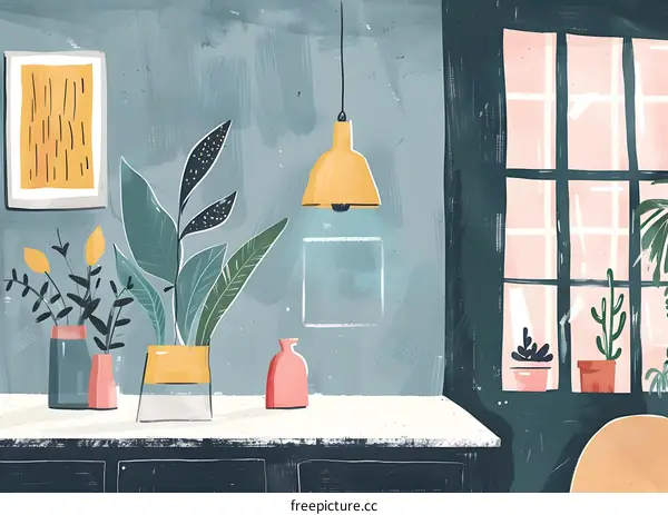 Interior Illustration with Yellow Hanging Light