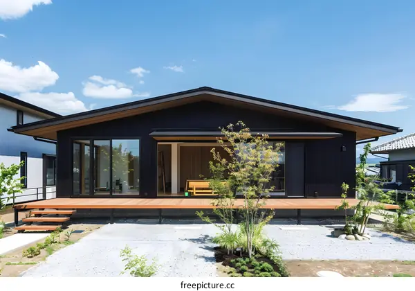 Modern Black House with Wooden Deck and Green Plants in Front Yard