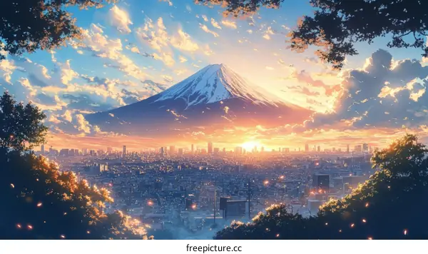 Cityscape Panorama with Mount Fuji Sunrise
