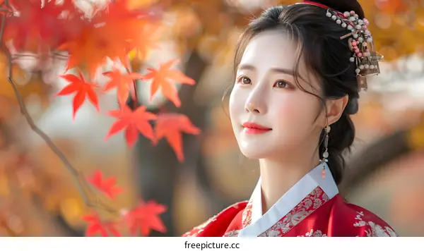 Portrait of a young woman in traditional Korean dress, or Hanbok, smiling in a field of red autumn leaves.