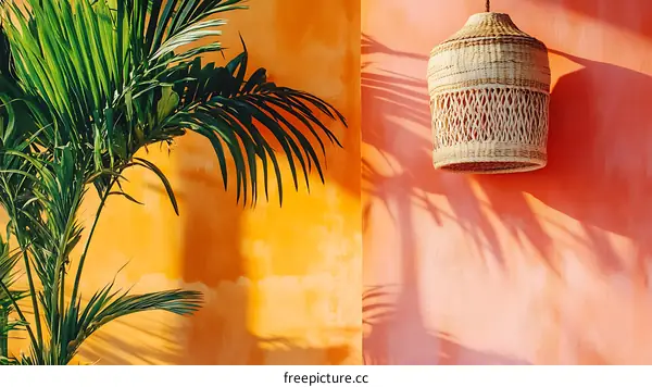 Palm Tree Leaves Against Orange Wall With Wicker Hanging Lamp