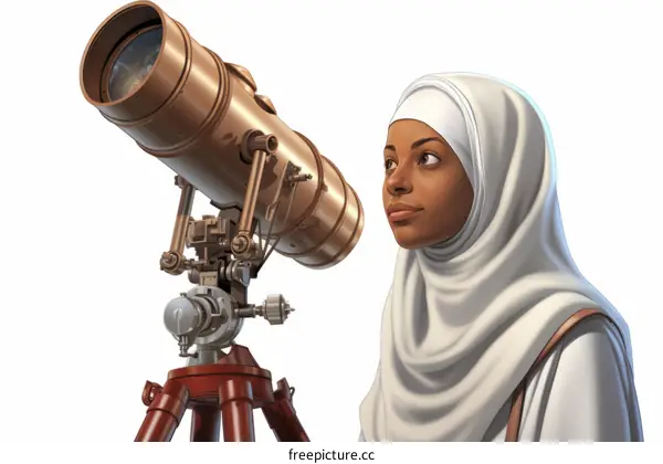 A young Muslim woman wearing a hijab is looking through a telescope.