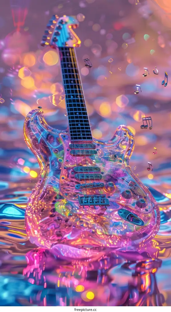 Mesmerizing Crystal Electric Guitar on Liquid Surface with Dance of Musical Notes