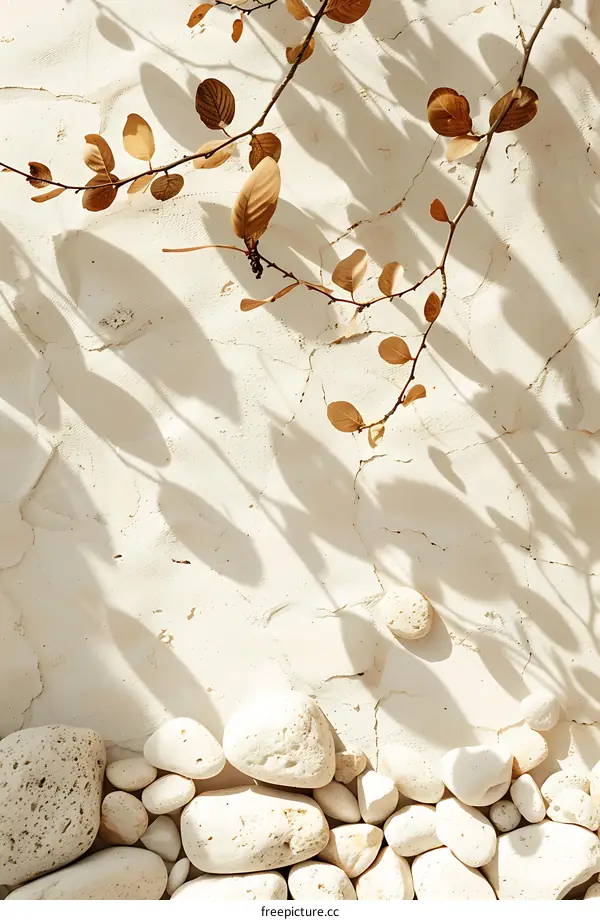 White Wall With Stones And Shadows Of Leaves