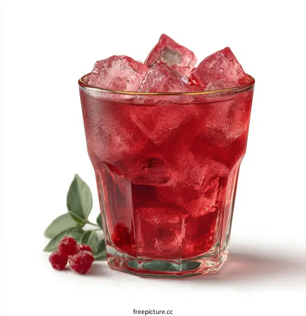 Refreshing Red Raspberry Drink with Ice Cubes and Fresh Berries