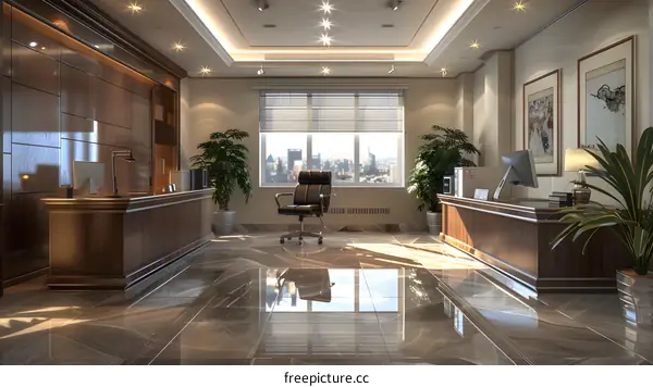 Modern office interior with large windows and wooden furniture