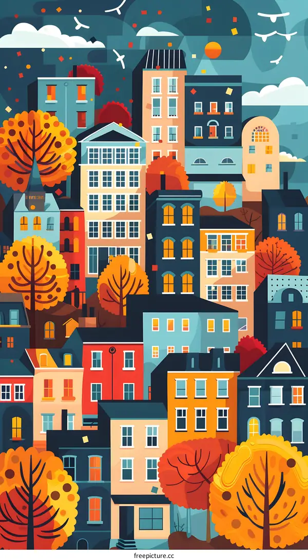 Autumn Cityscape Illustration with Colorful Buildings and Trees