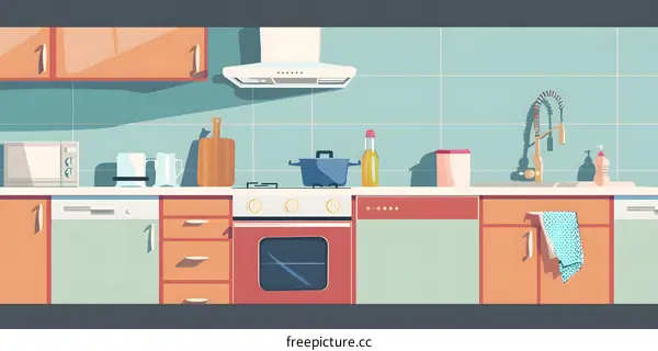 Modern Kitchen Interior Design Illustration with Stove, Sink, and Cabinets