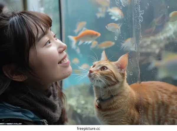 A ginger cat and a woman are looking at the fishes in an aquarium