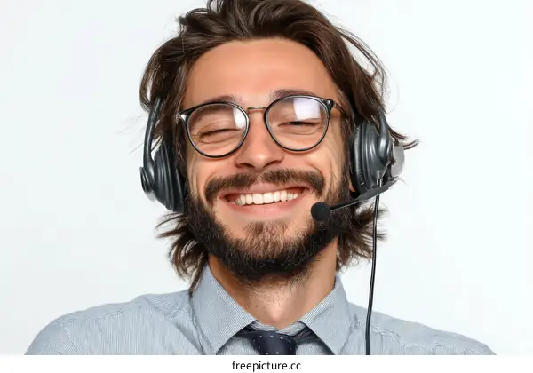 Smiling Caucasian Man Wearing Headset and Glasses