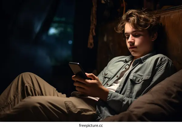 Teenage boy engrossed in his mobile phone in the dark