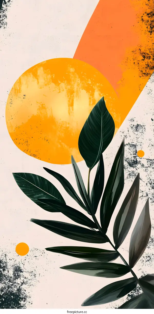 Abstract Minimalist Tropical Leaf Illustration with Orange and Yellow Shapes