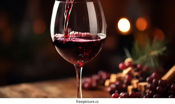 Red wine glass with grapes and pine cones on a wooden table