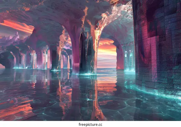 Fantasy Waterscape with Blue Crystal Pillars
