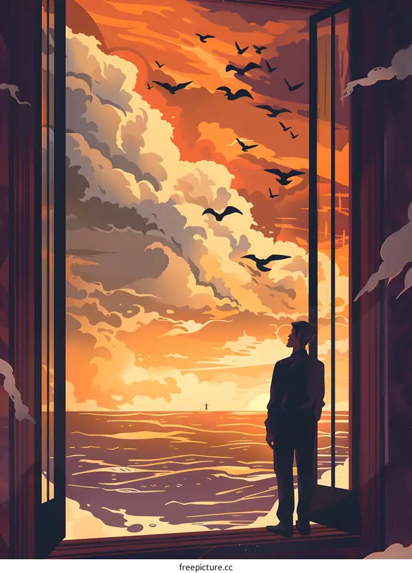 Man Looking Out Window at Sunset with Birds Flying