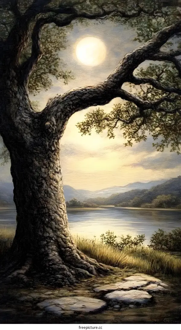 Painting of a Large Tree With Moon and Lake