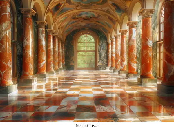 Elegant Marble Column Hallway with Colorful Tile Floor