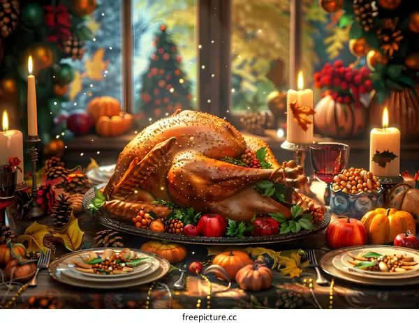 Thanksgiving dinner table with roasted turkey, pumpkins, candles and autumn leaves