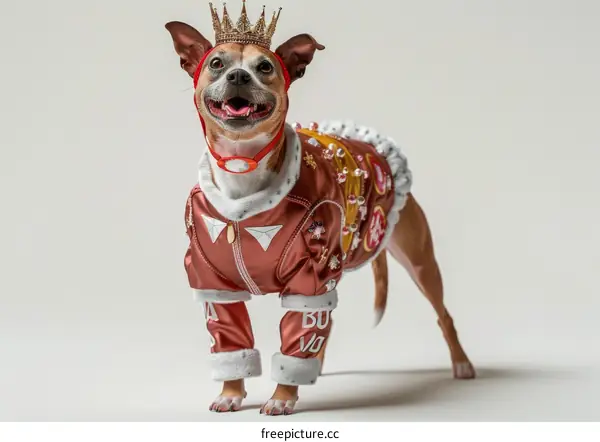 A smiling dog wearing a crown and a jacket