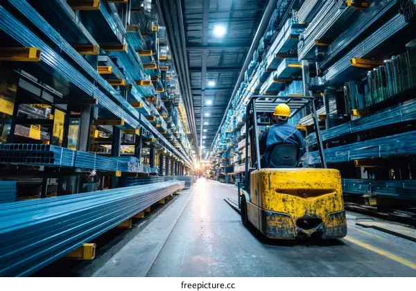 Industrial Warehouse with Forklift and Metal Stock
