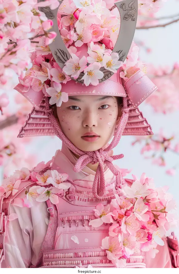 Portrait of a young woman wearing a pink samurai armor decorated with cherry blossoms