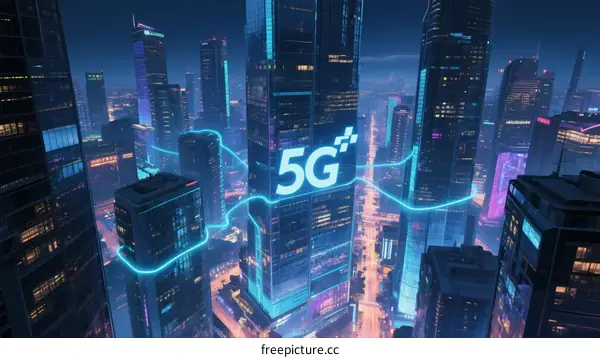 5G Network Connecting Modern Urban Skyscrapers at Night