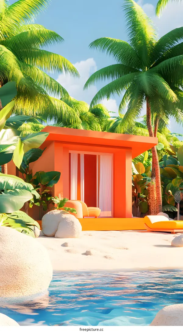 Orange Tropical House On Beach With Palm Trees